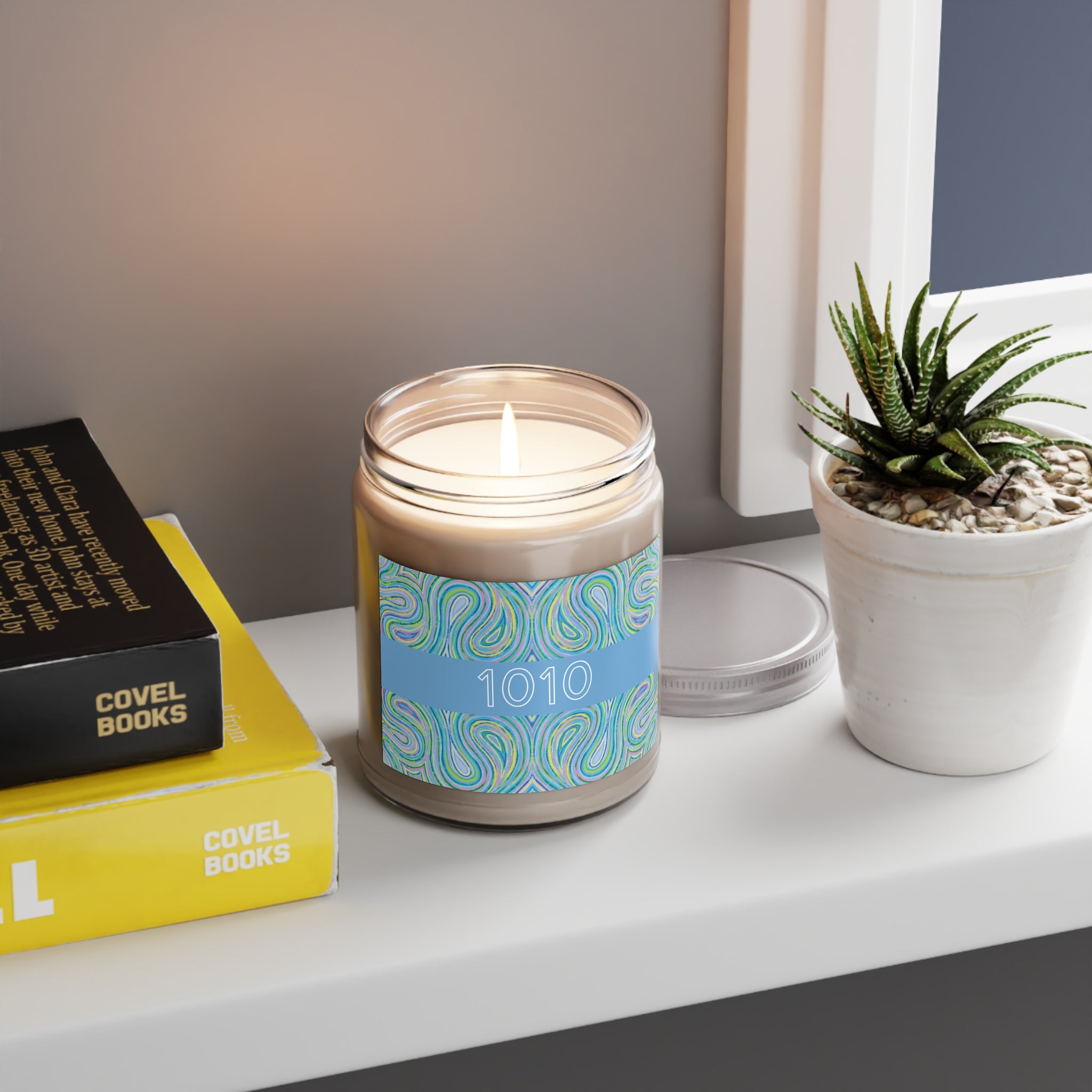  1010 angel number candle styled on a shelf