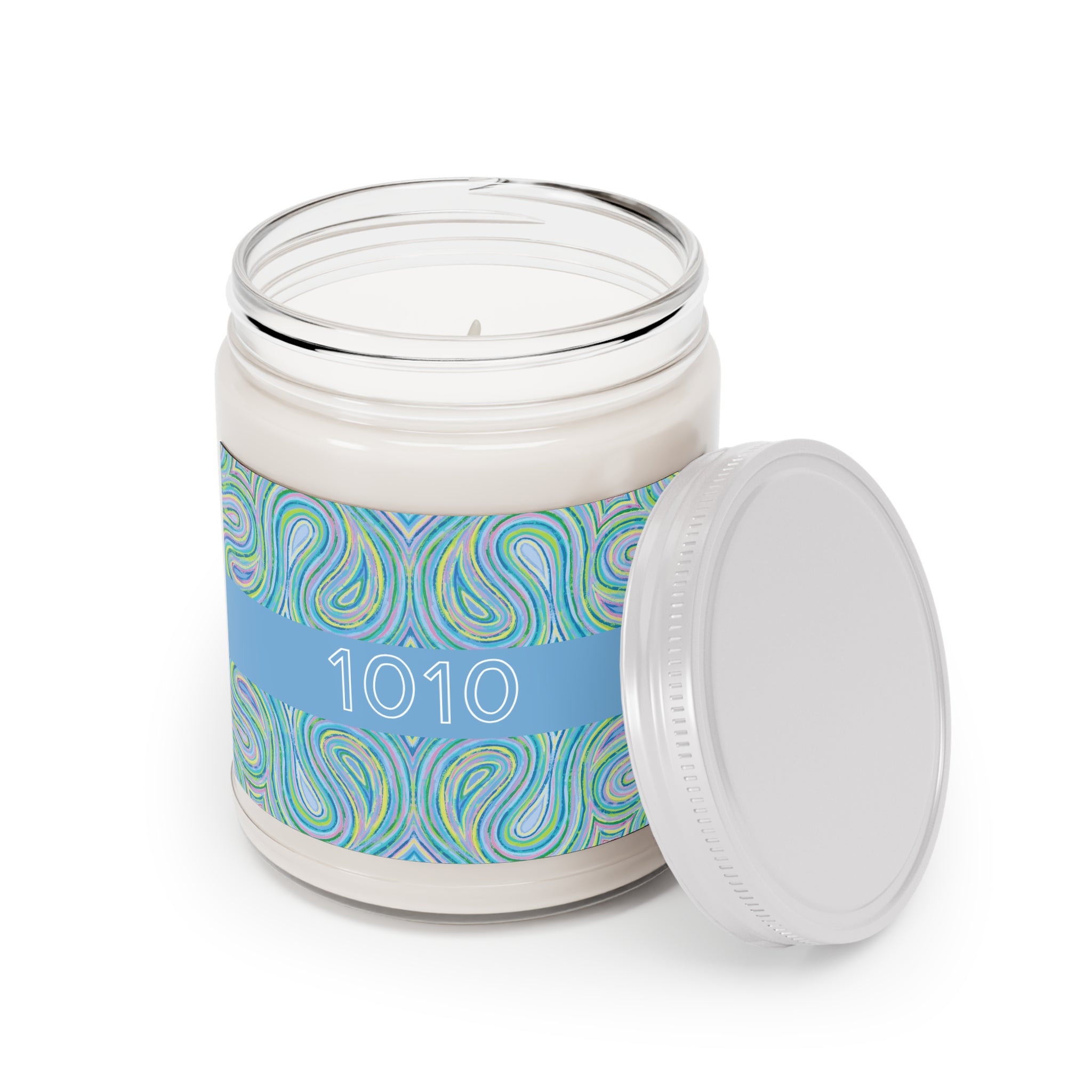  1010 angel number soy candle open, featuring Eden frequency art painting