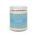  1010 angel number soy candle with lid, featuring Eden chakra art