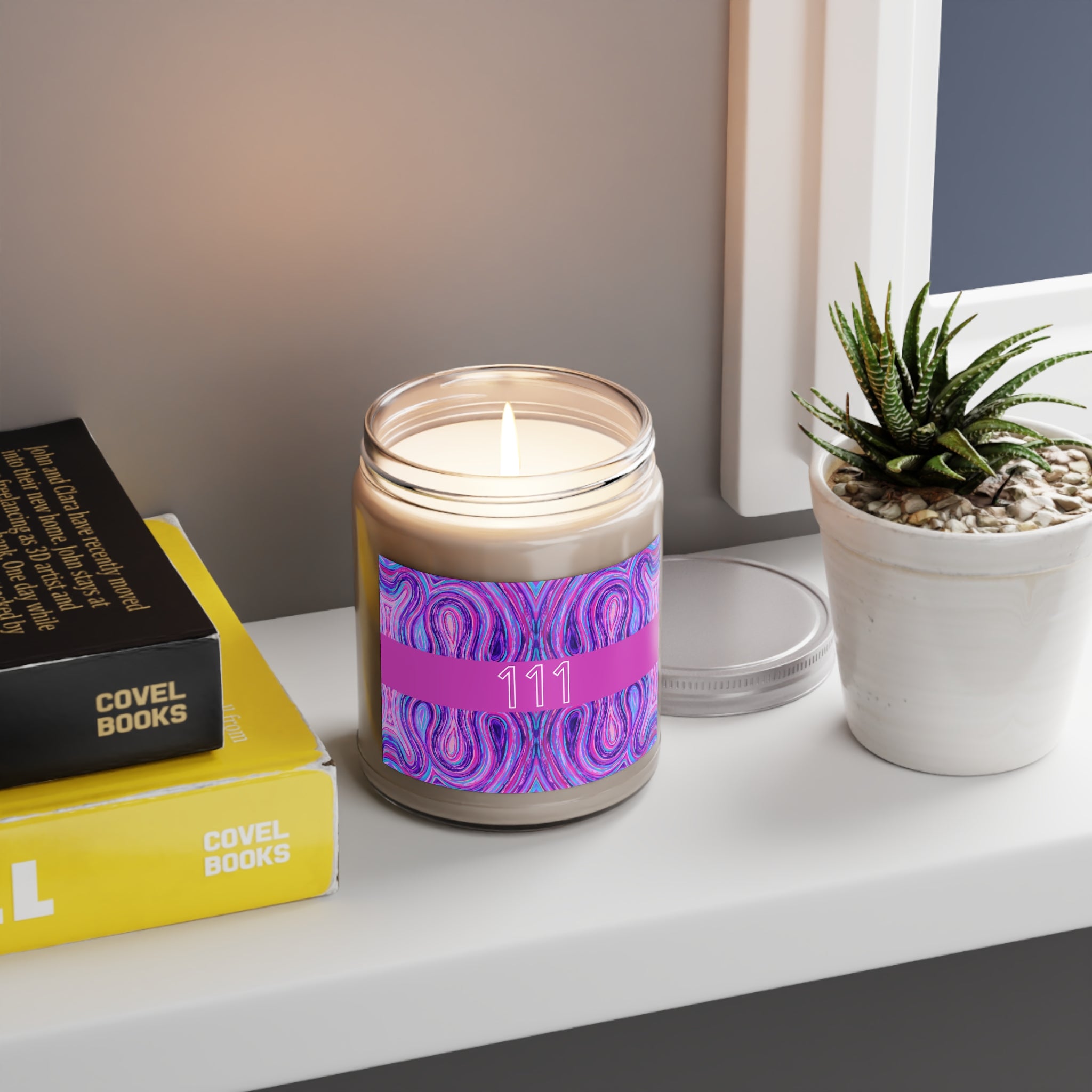  111 angel number candle styled on a shelf