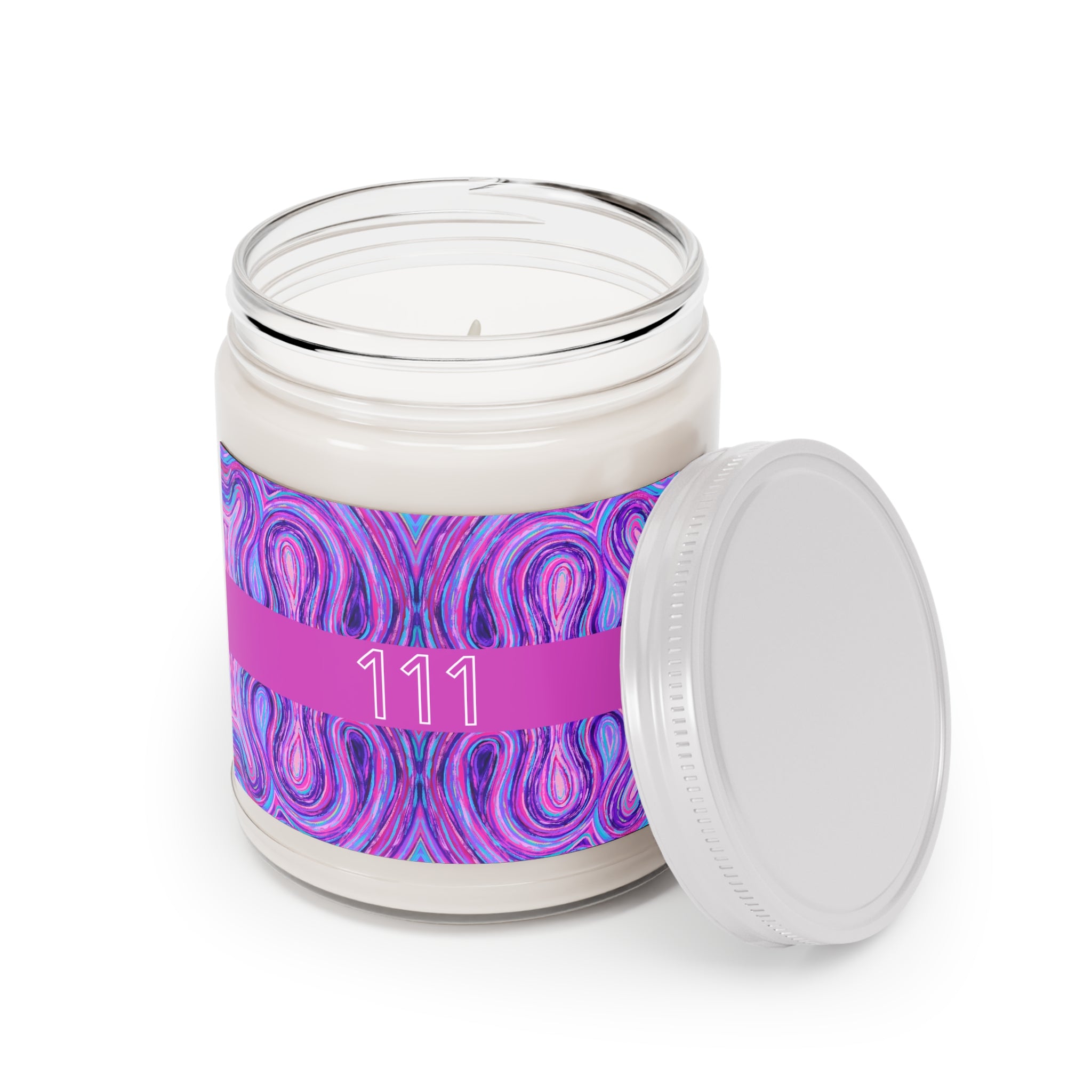  111 angel number soy candle open, featuring Marley frequency art painting