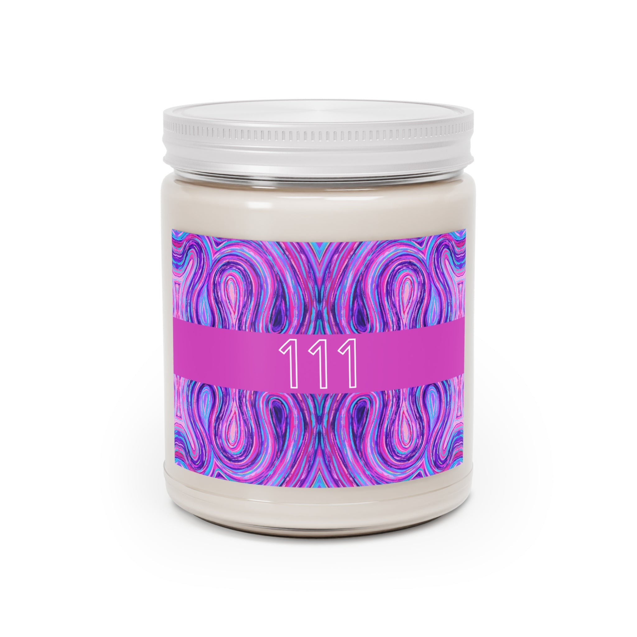  111 angel number soy candle with lid, featuring Marley chakra art
