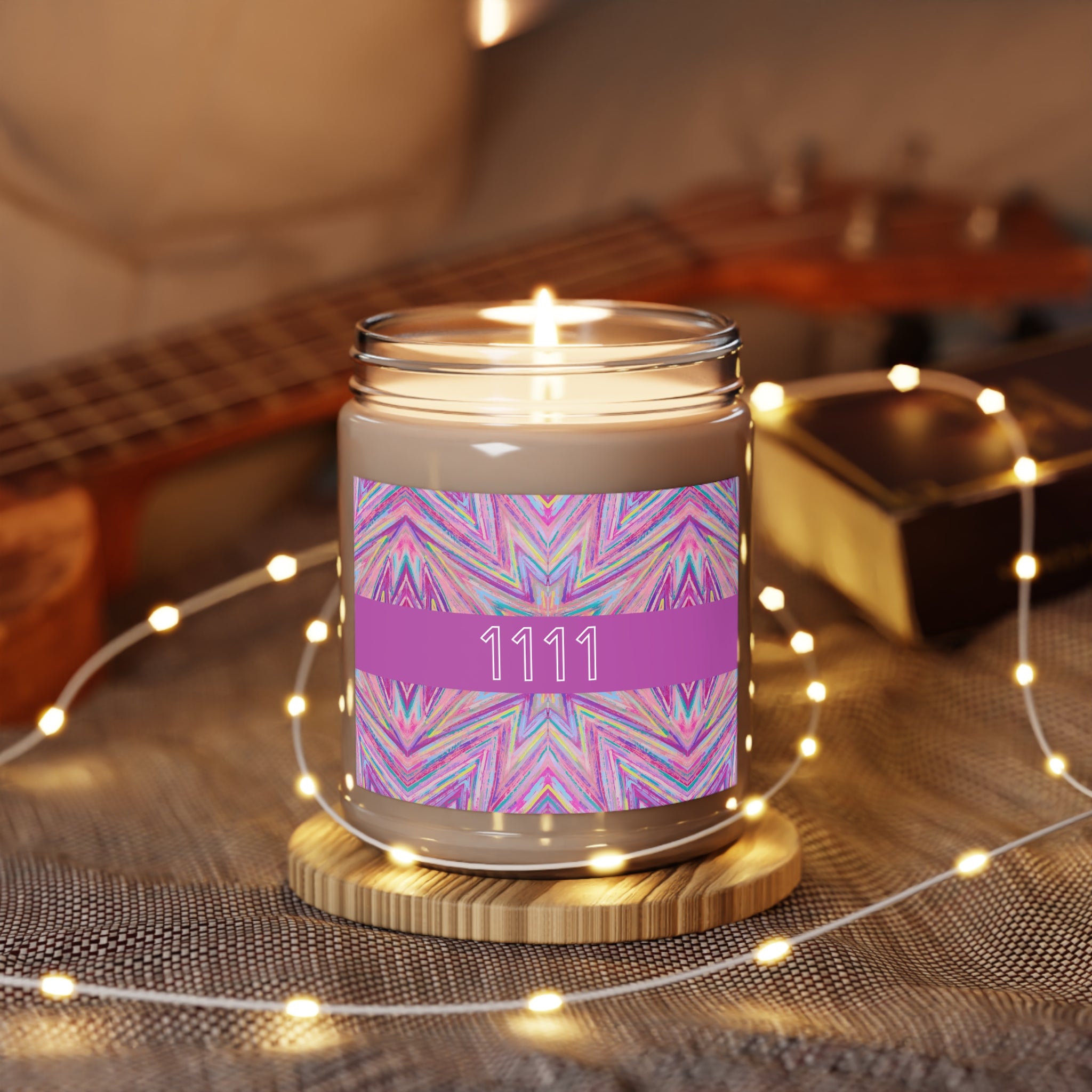  1111 angel number candle surrounded by twinkle string lights