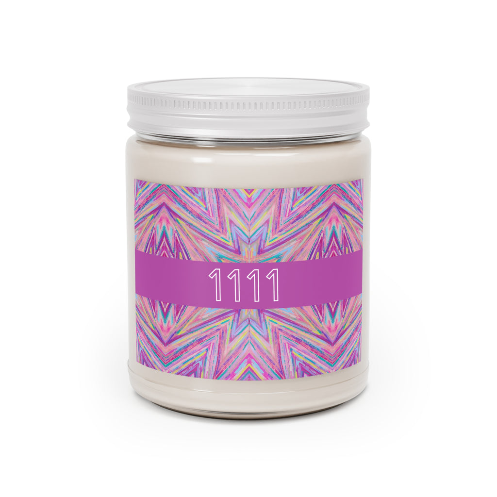  1111 angel number soy candle with lid, featuring Jem chakra art