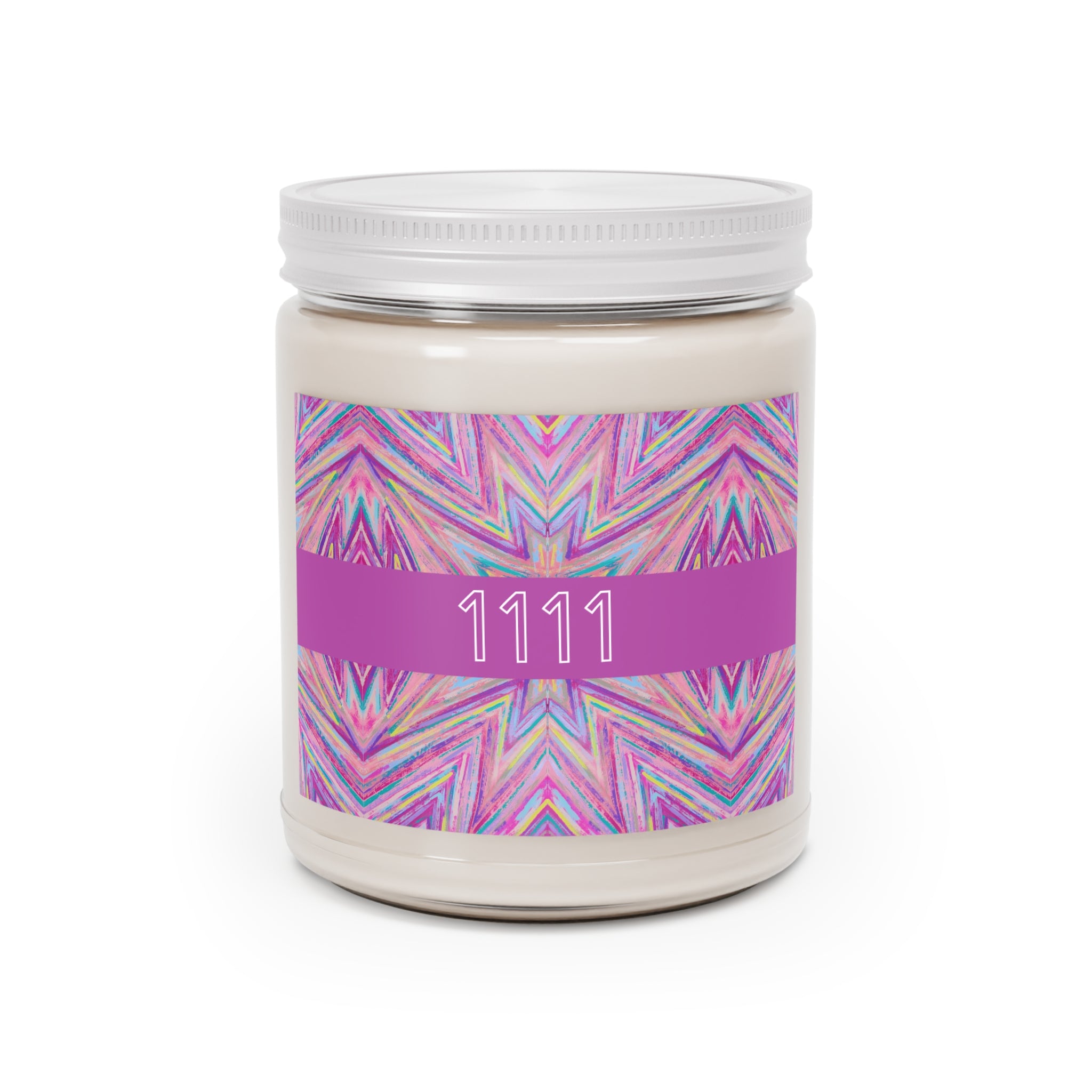 1111 angel number soy candle with lid, featuring Jem chakra art