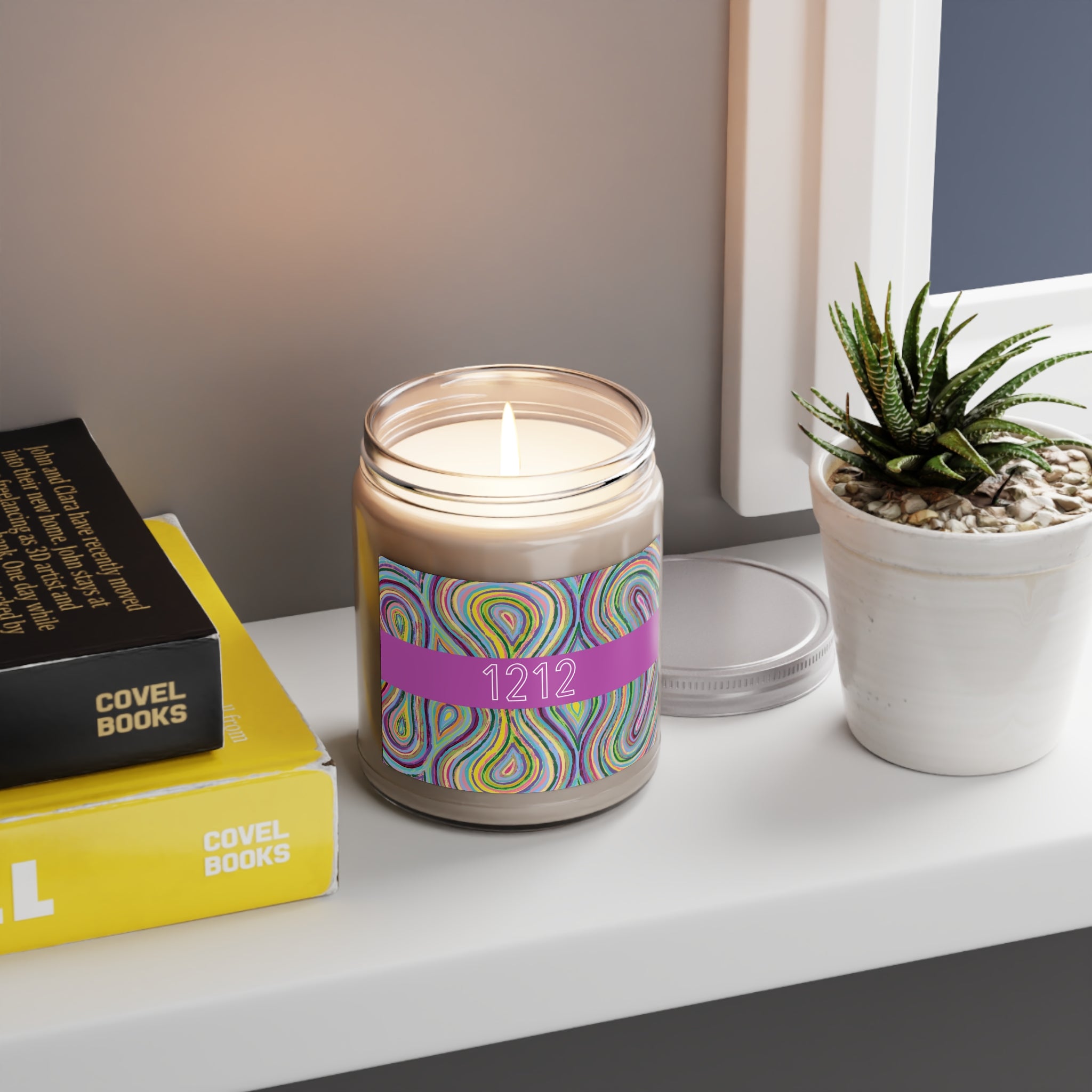  1212 angel number candle styled on a shelf