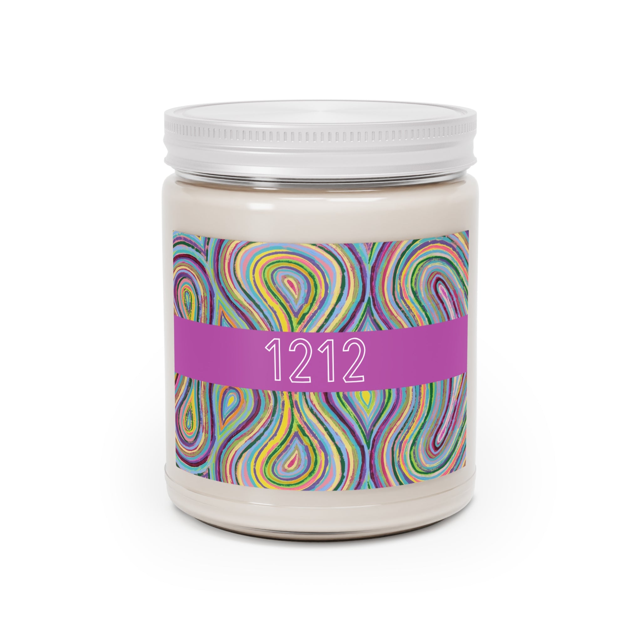  1212 angel number soy candle with lid, featuring Destiny chakra art