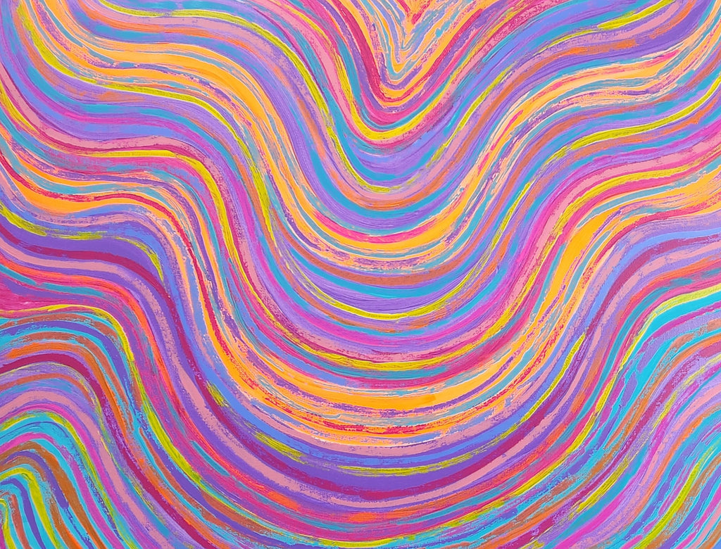  Close-up of Bali original abstract painting showing orange, pink, blue and purple