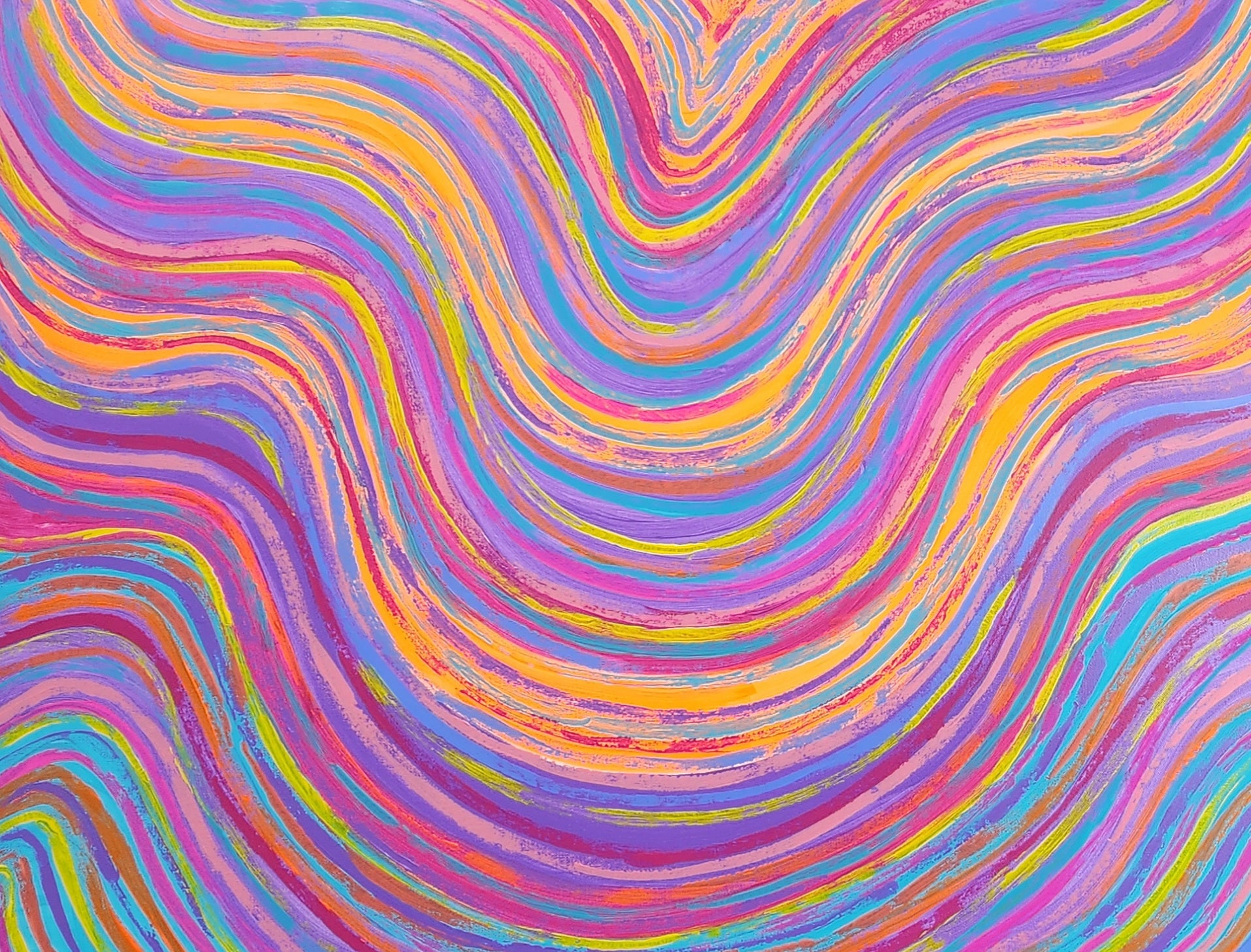  Close-up of Bali original abstract painting showing orange, pink, blue and purple