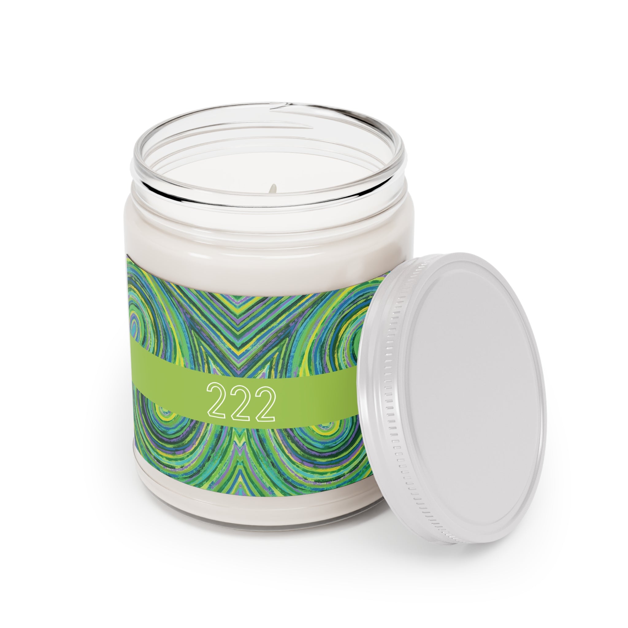  222 angel number soy candle open, featuring Jade frequency art painting