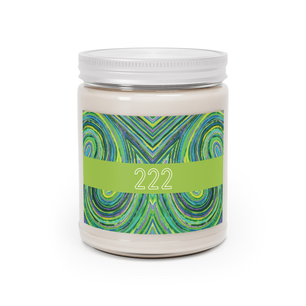  222 angel number soy candle with lid, featuring Jade chakra art