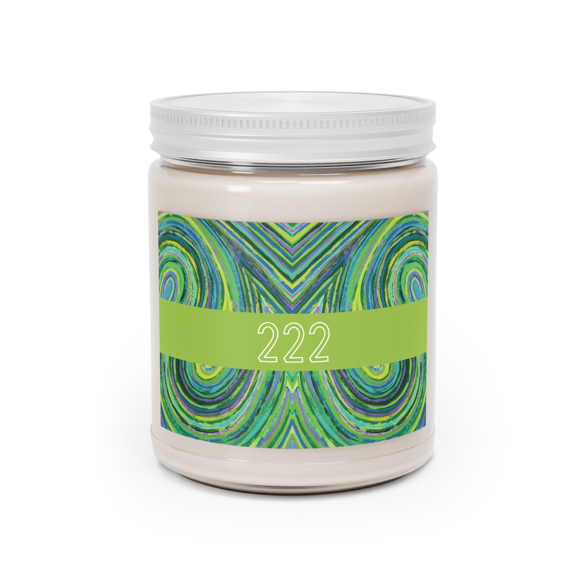  222 angel number soy candle with lid, featuring Jade chakra art