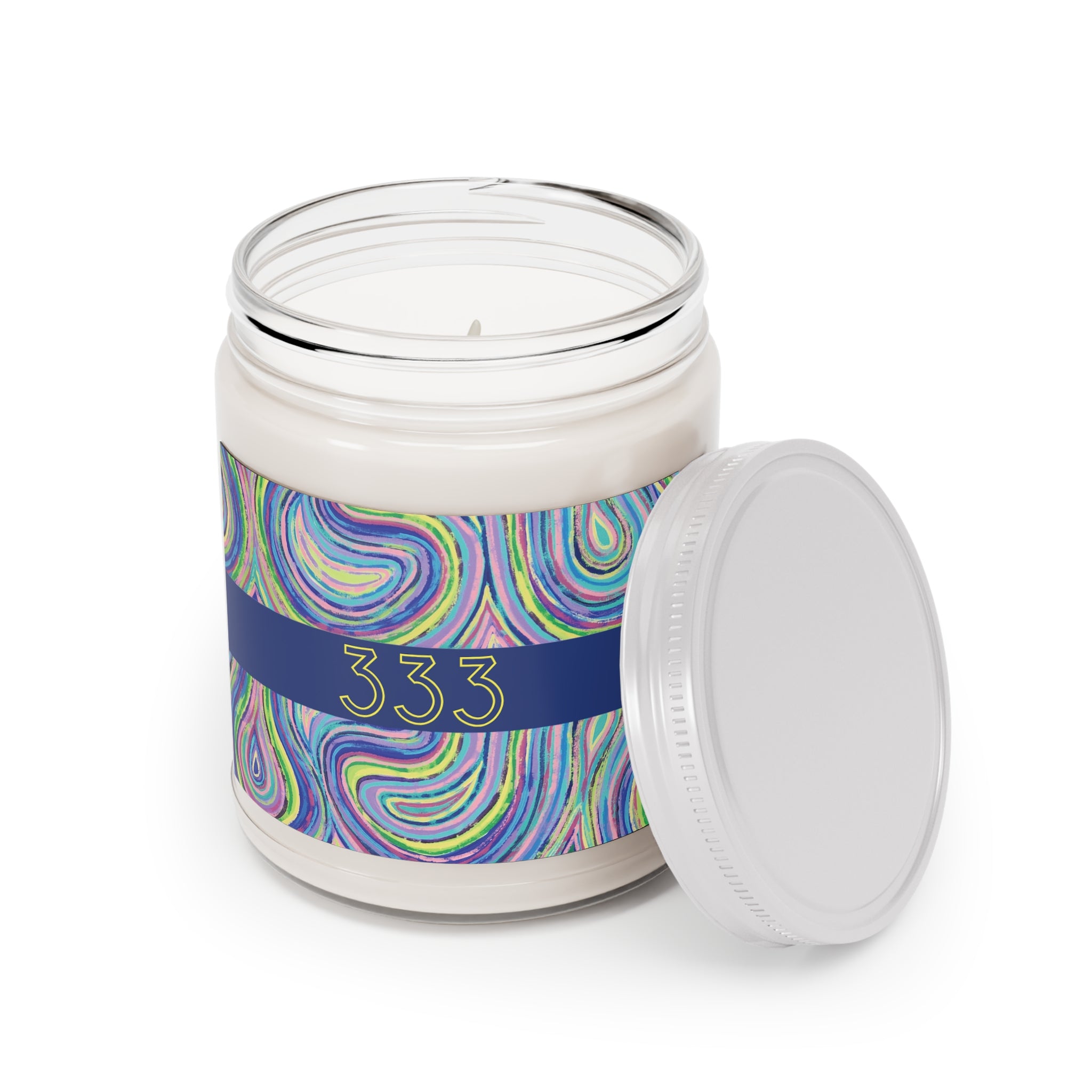  333 angel number soy candle open, featuring Aaliyah frequency art painting