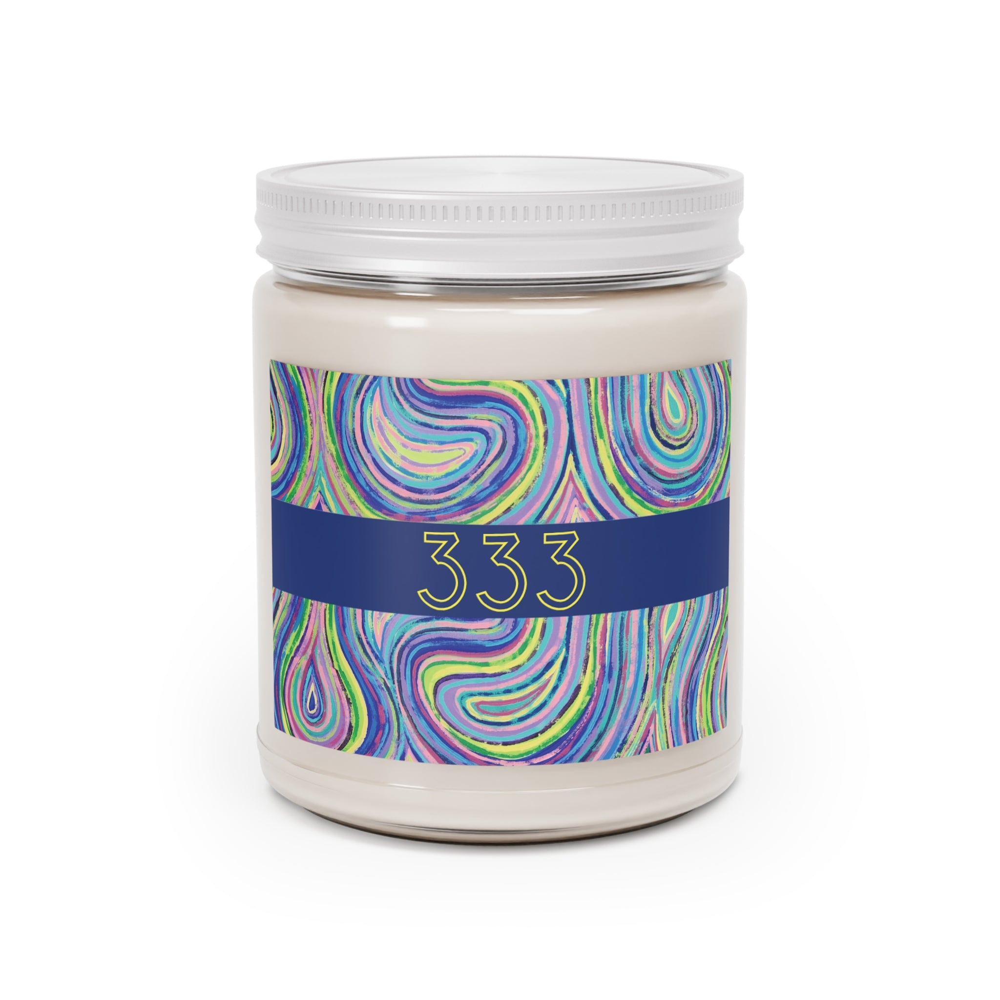  333 angel number soy candle with lid, featuring Aaliyah chakra art