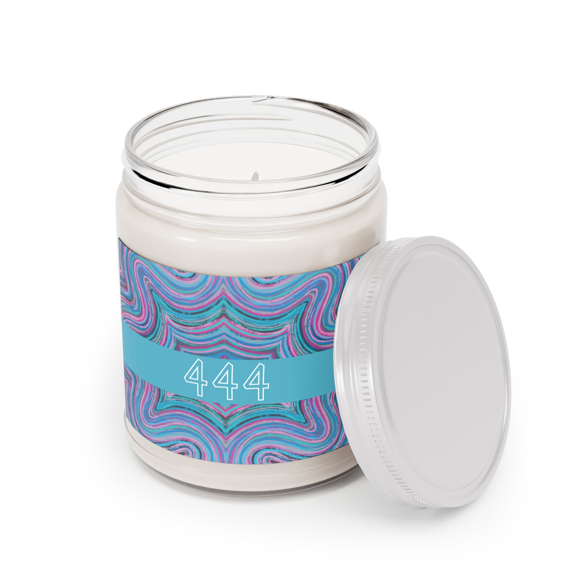  444 angel number soy candle open, featuring Josie frequency art painting