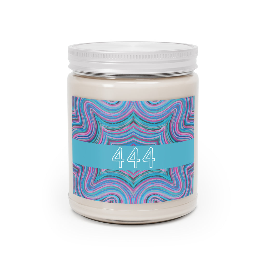  444 angel number soy candle with lid, featuring Josie chakra art