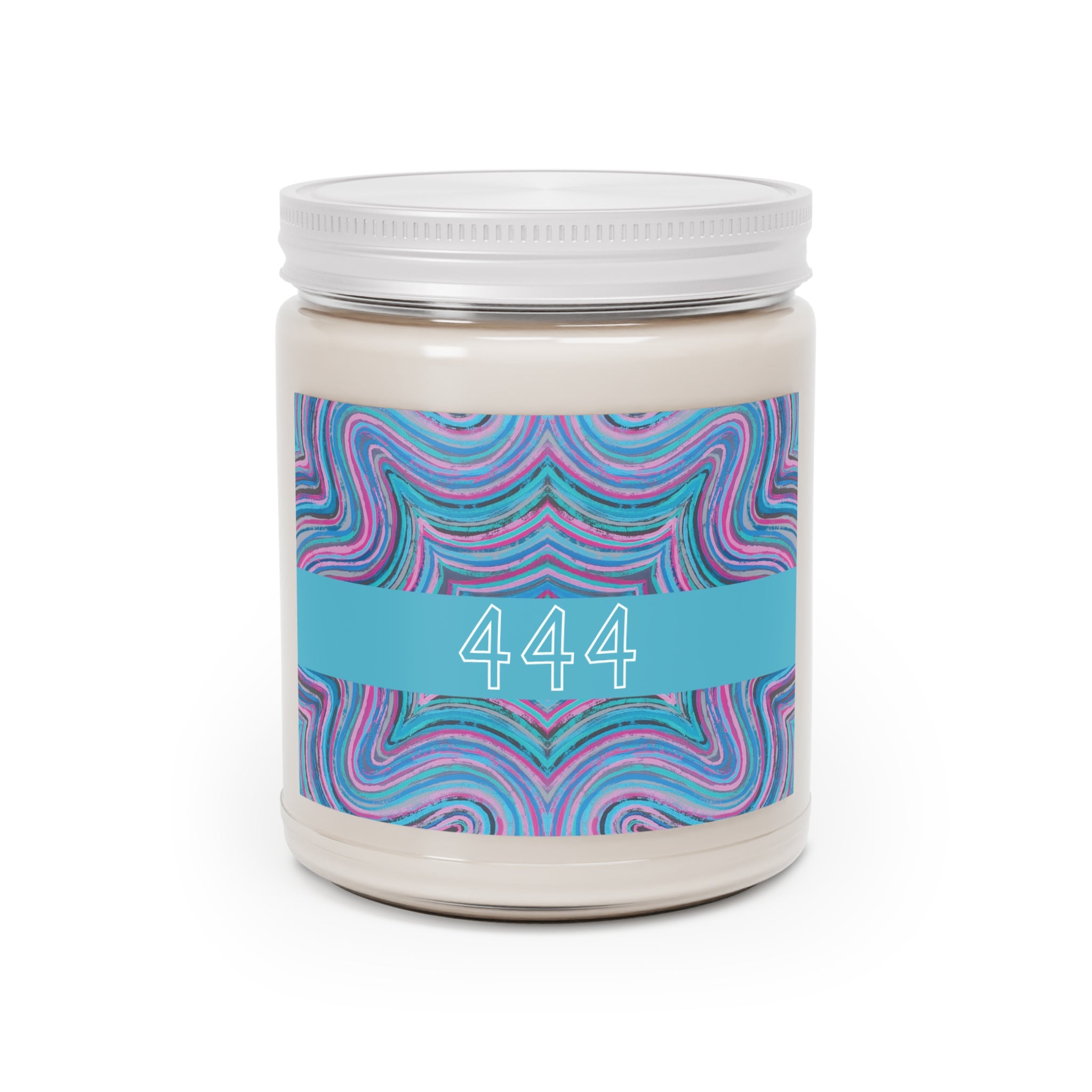  444 angel number soy candle with lid, featuring Josie chakra art