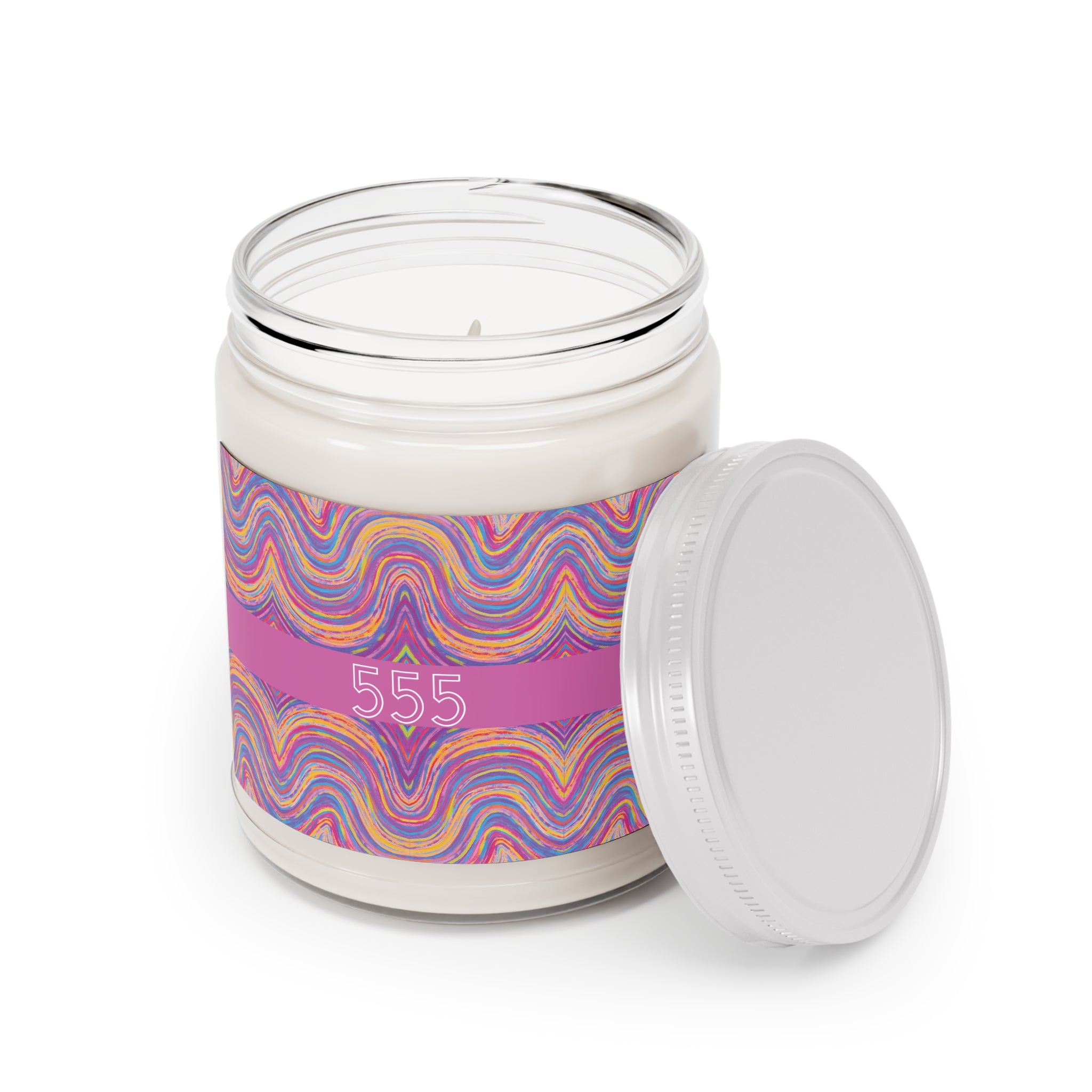  555 angel number soy candle open, featuring Bali frequency art painting