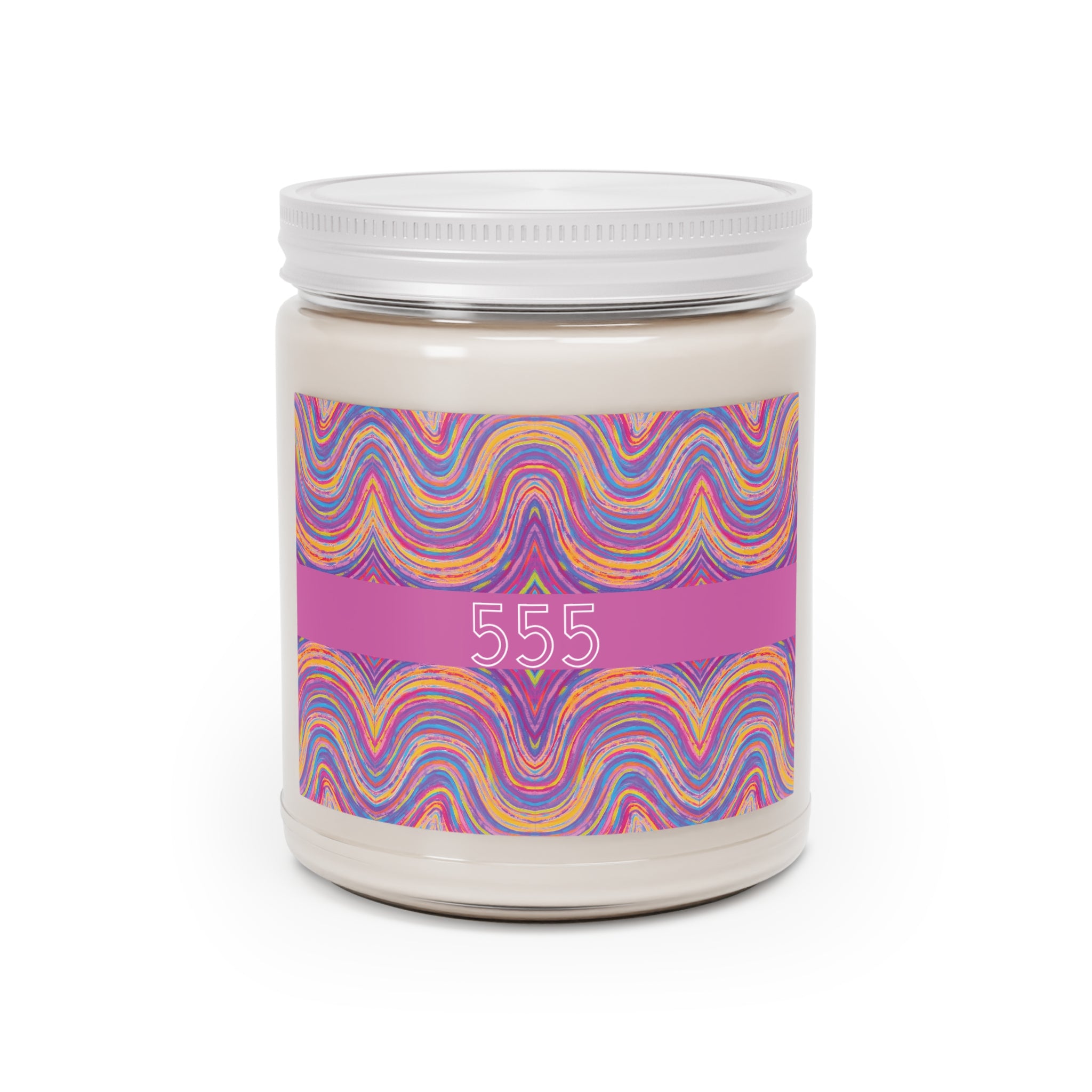  555 angel number soy candle with lid, featuring Bali chakra art