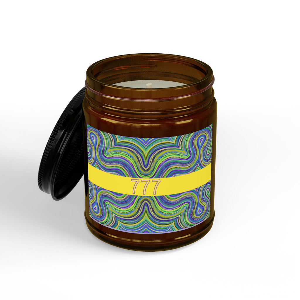  777 angel number soy candle open, featuring Octavia frequency art painting