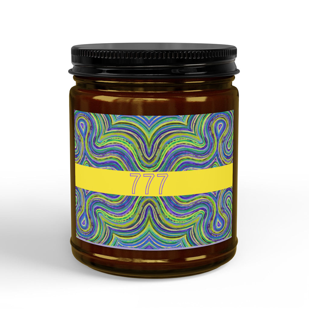  777 angel number soy candle with lid, featuring Octavia chakra art