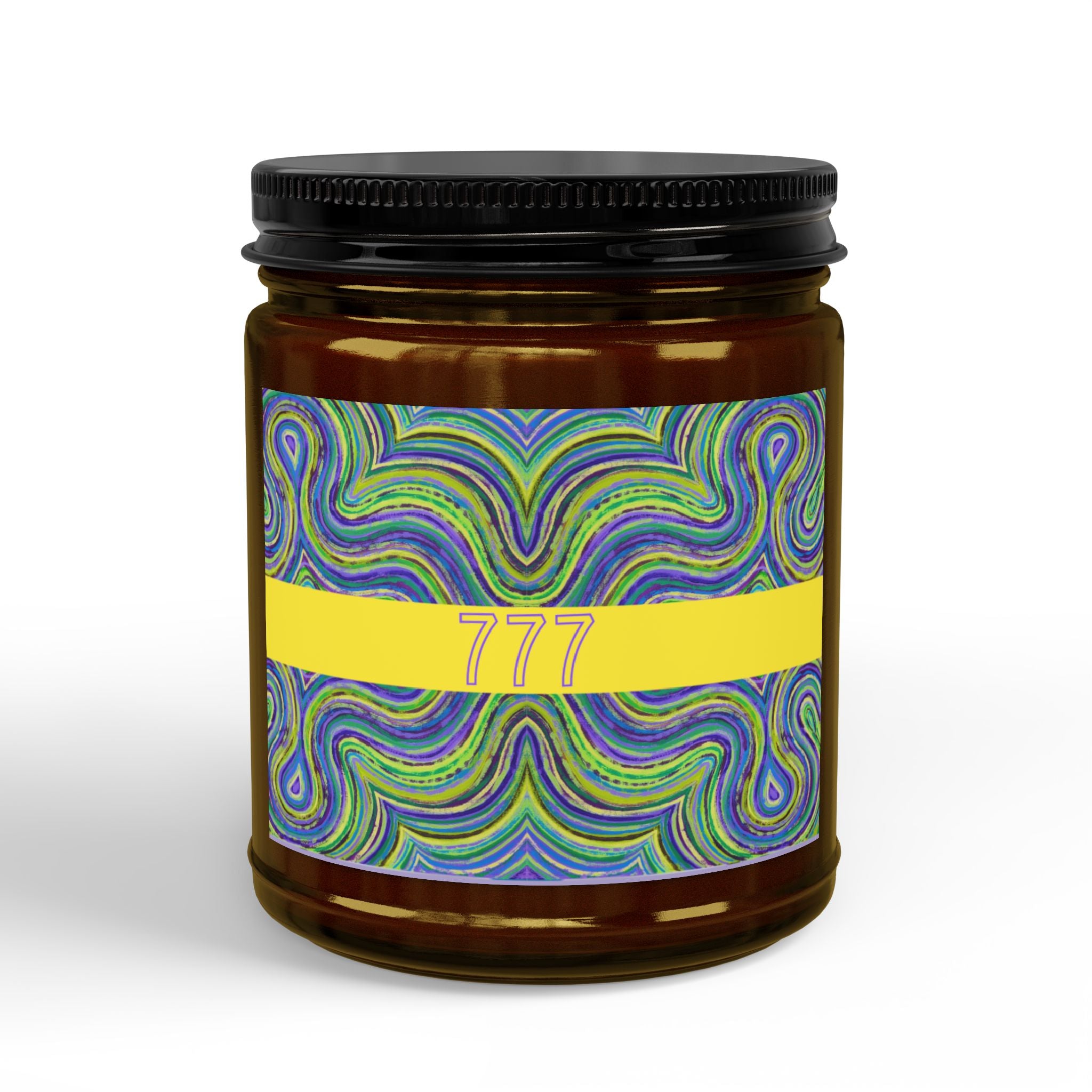  777 angel number soy candle with lid, featuring Octavia chakra art