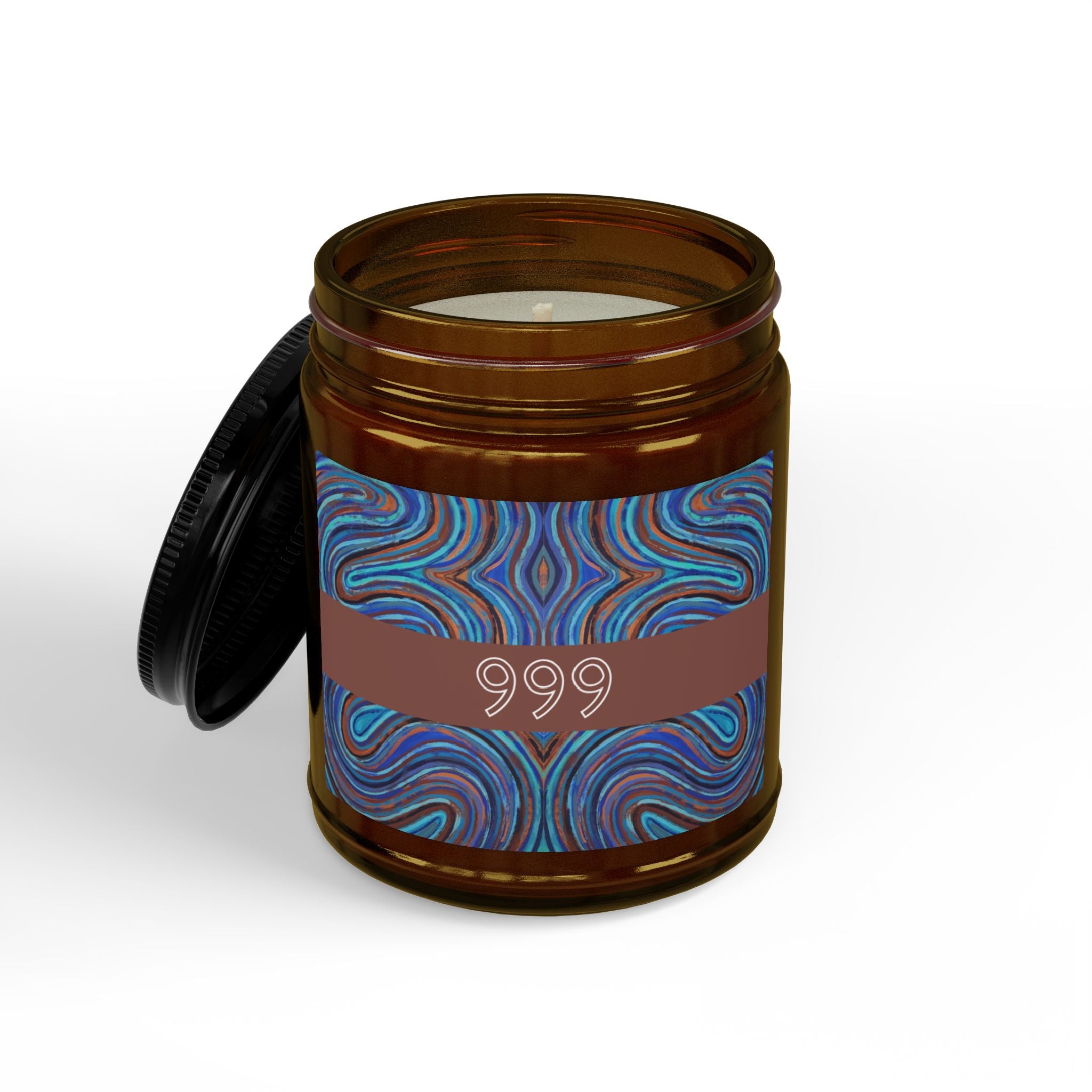  999 angel number soy candle open, featuring Indigo frequency art painting