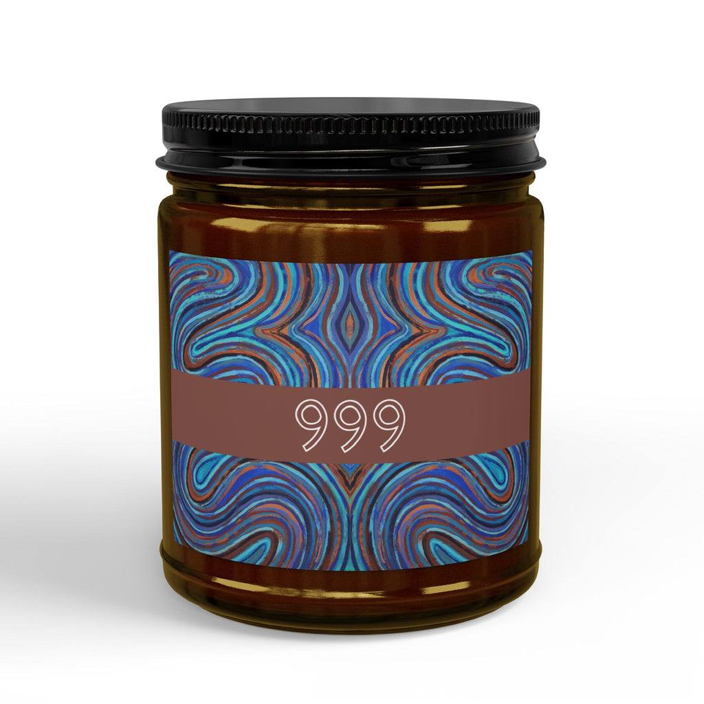  999 angel number soy candle with lid, featuring Indigo chakra art