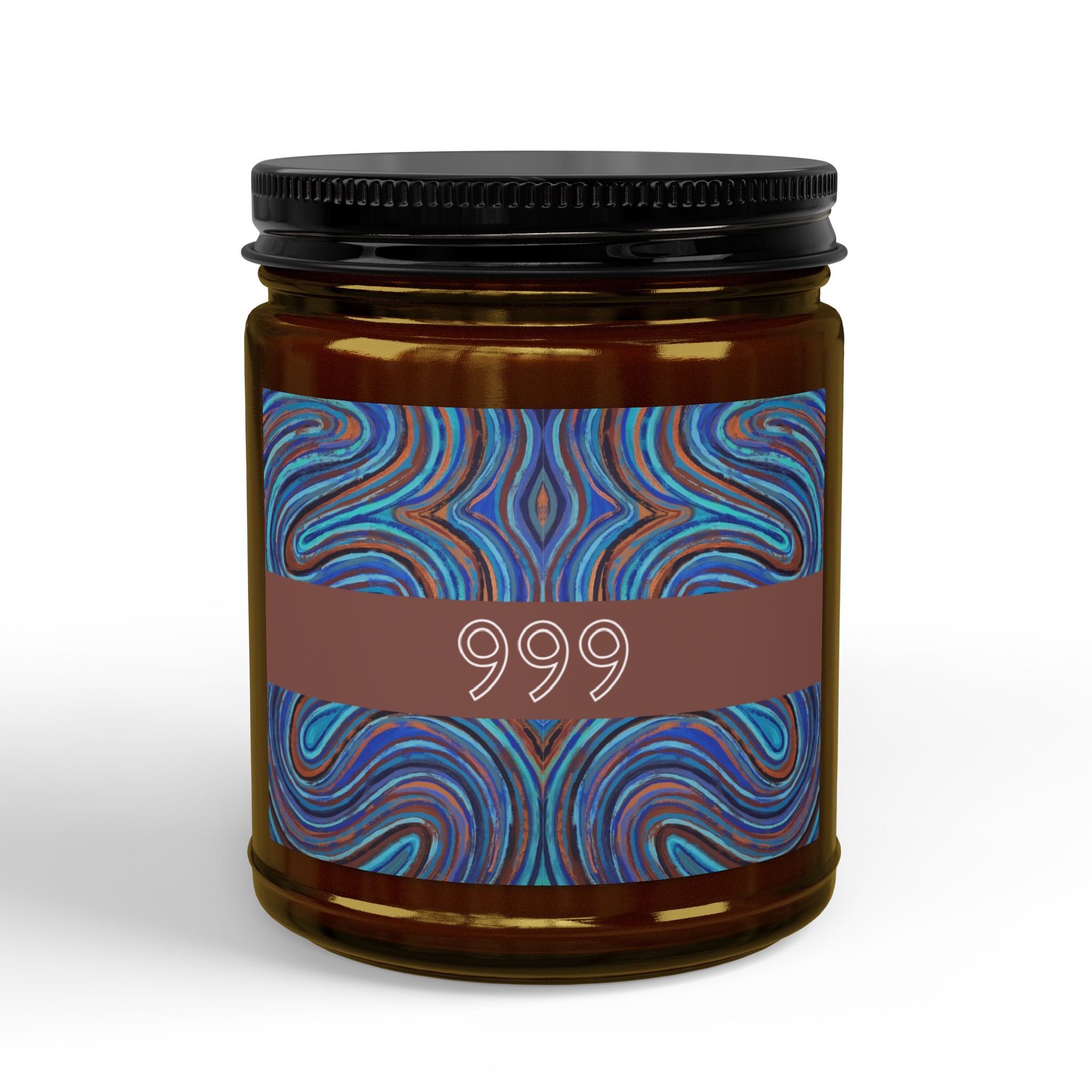  999 angel number soy candle with lid, featuring Indigo chakra art