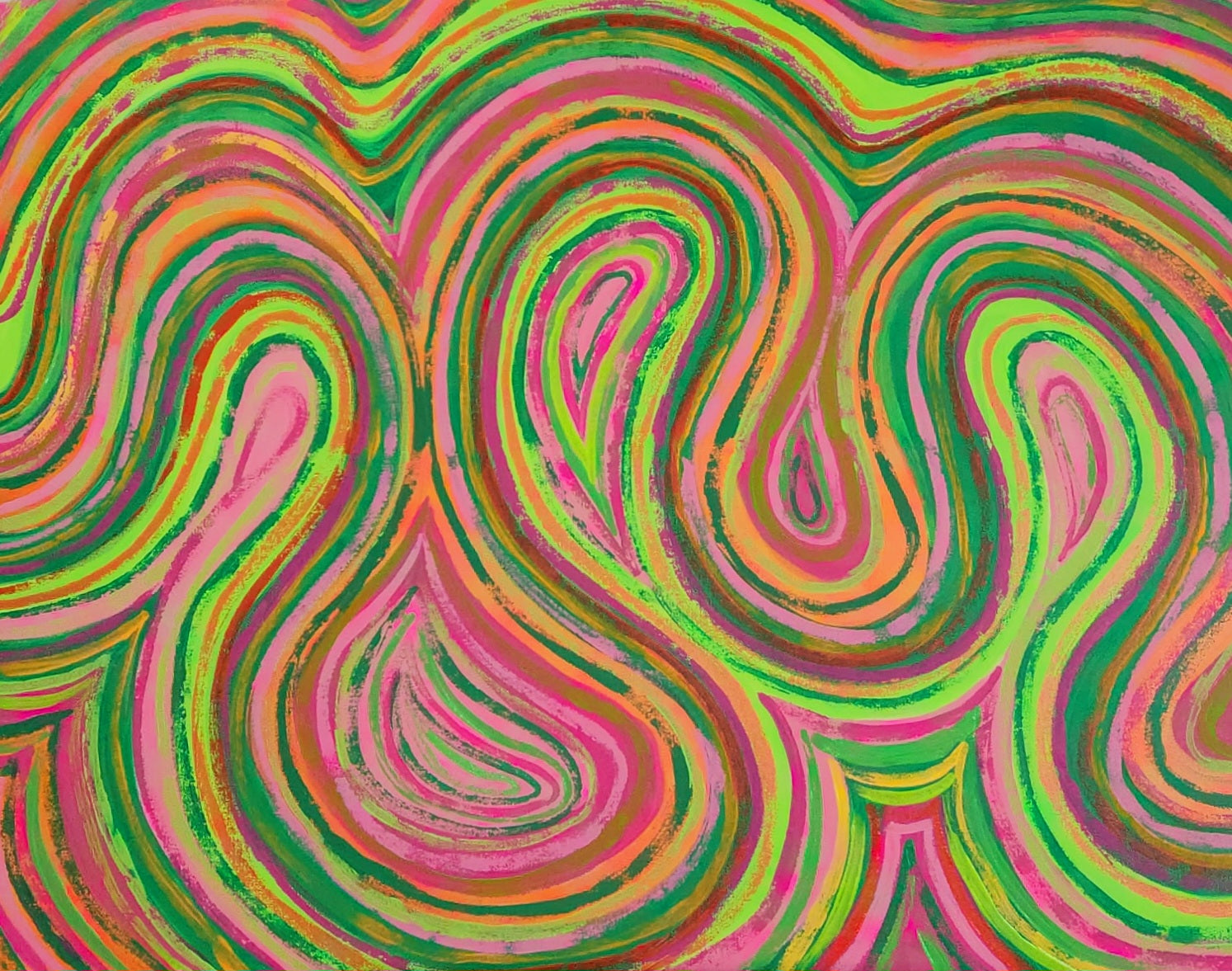  Close-up of Clover original abstract painting showing green, orange and pink