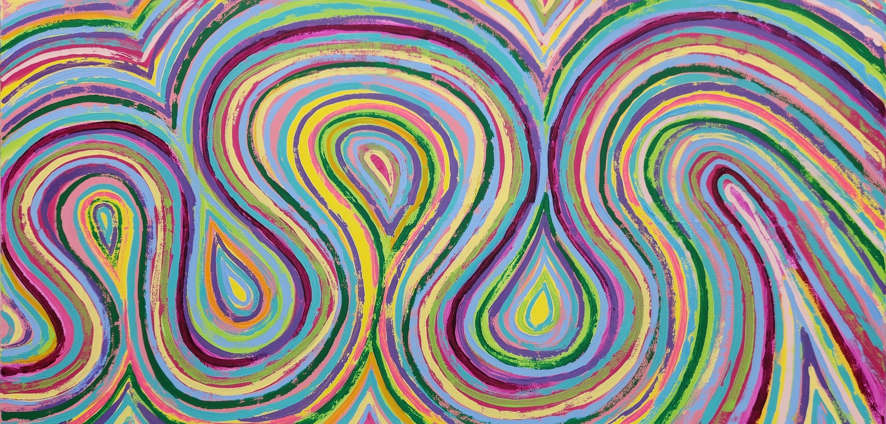  Close-up of Destiny original abstract painting showing magenta pink, orange, yellow and blue