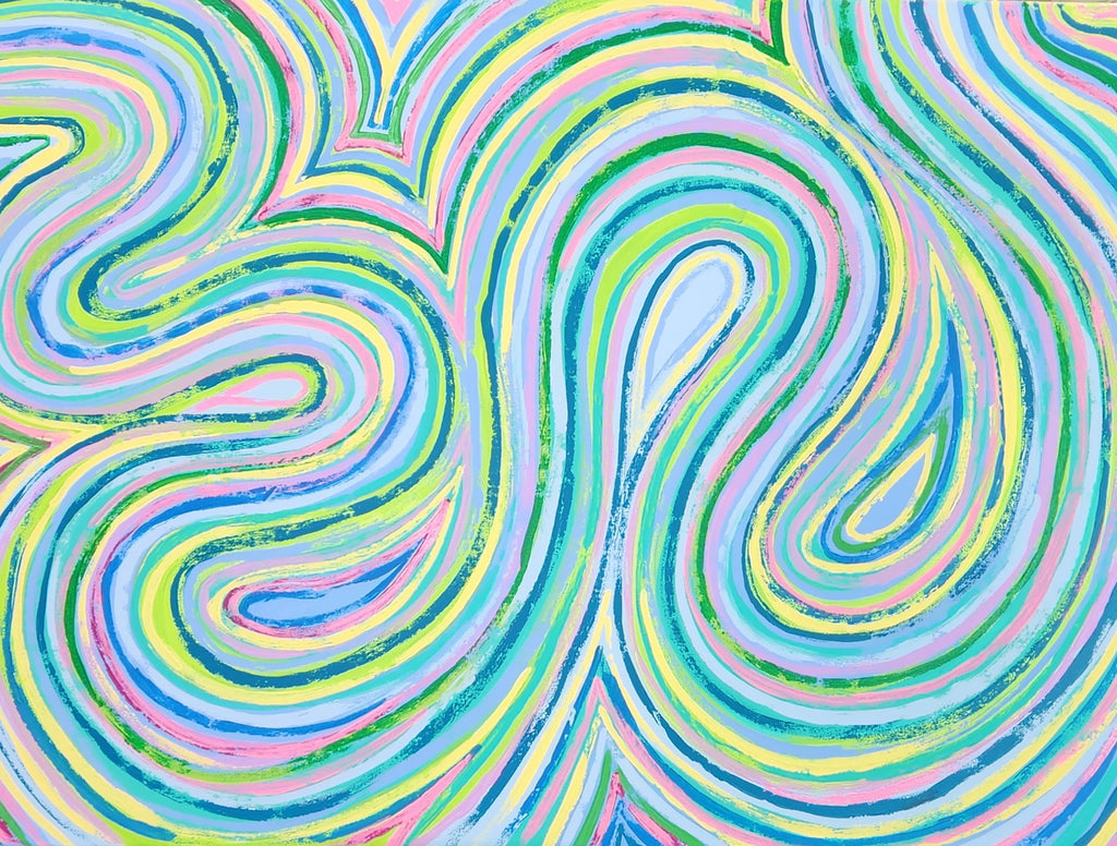  Close-up of Eden original abstract painting showing pastel blue, green, yellow and pink