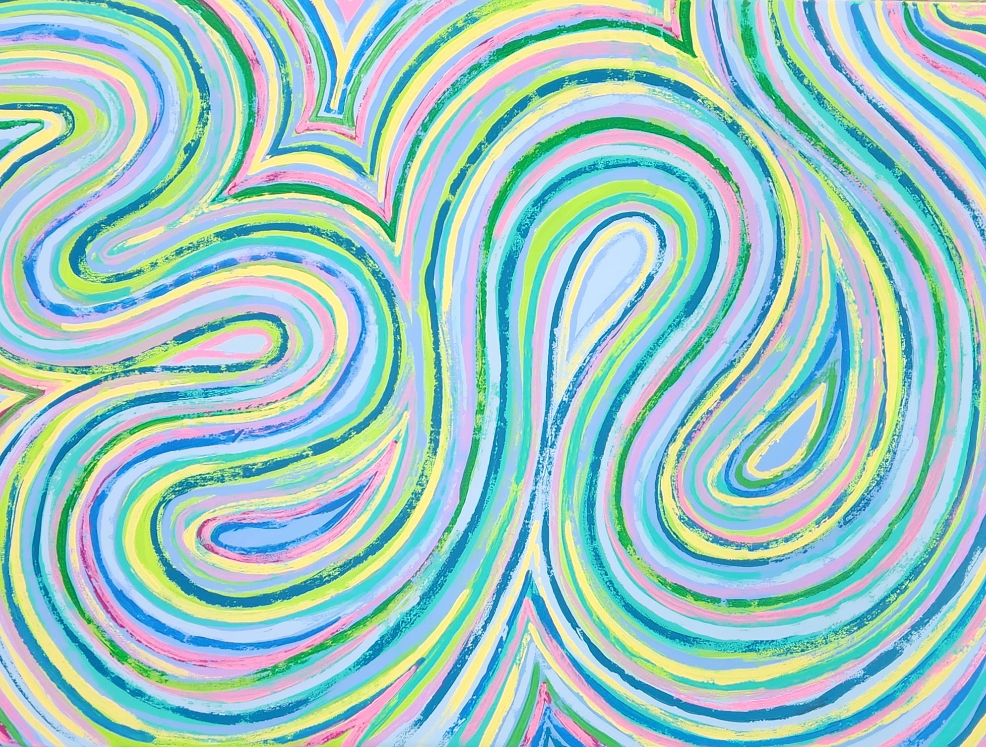  Close-up of Eden original abstract painting showing pastel blue, green, yellow and pink