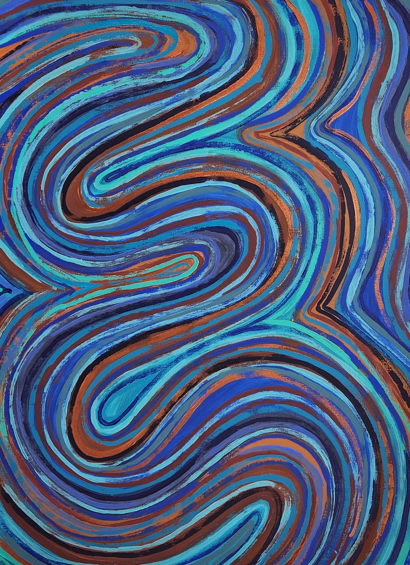  Close-up of Indigo original abstract painting showing brown, blue and black