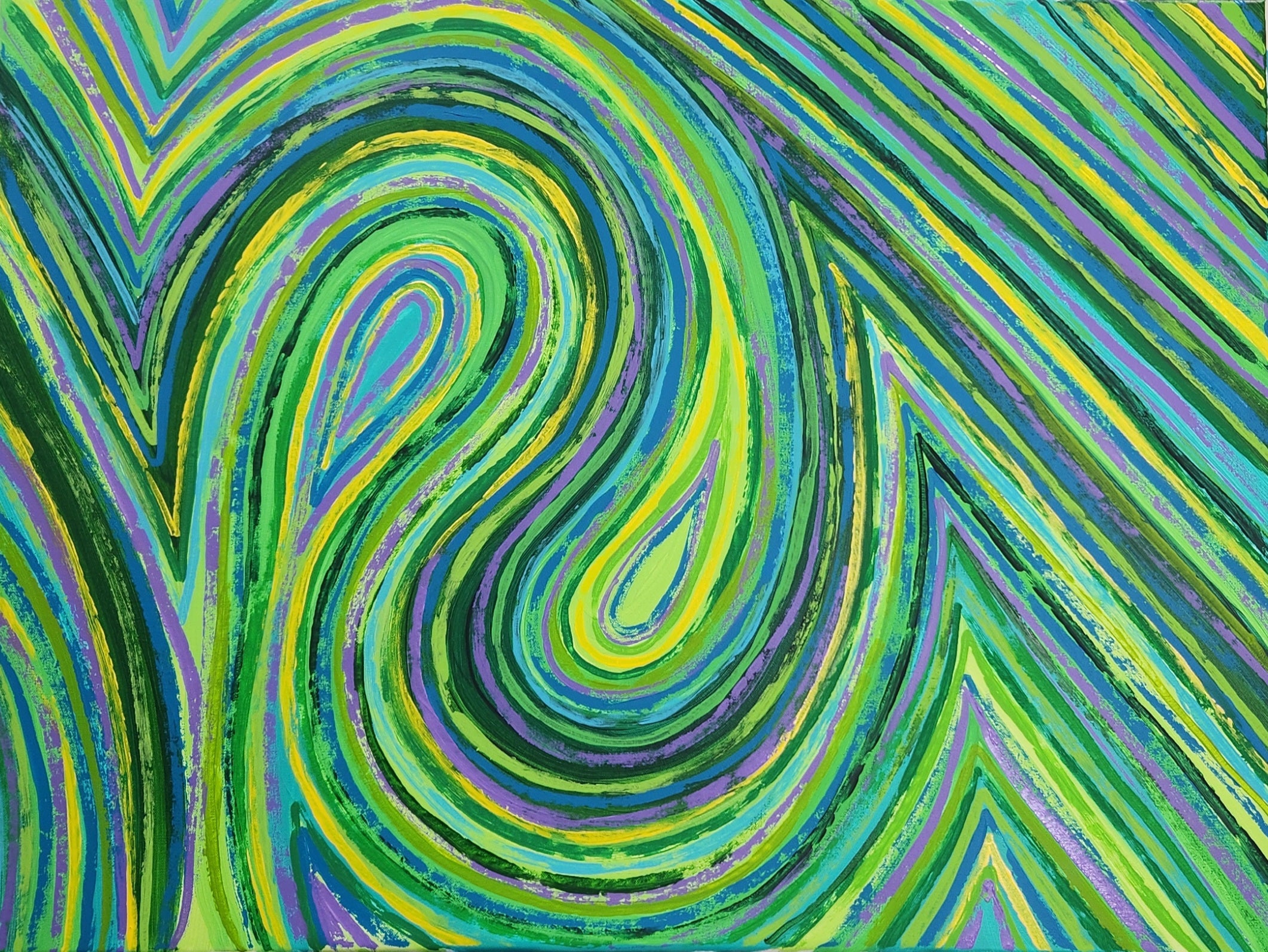  Close-up of Jade original abstract painting showing green, blue and yellow