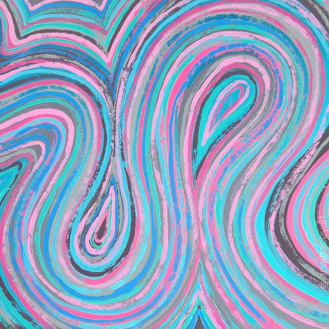  Close-up of Josie original abstract painting showing blue, gray, lavender, pink and turquoise