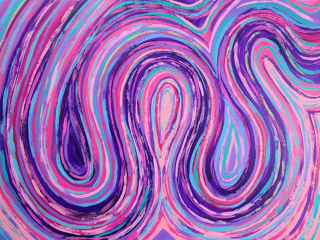  Close-up of Marley original abstract painting showing purple, pink, turquoise and blue