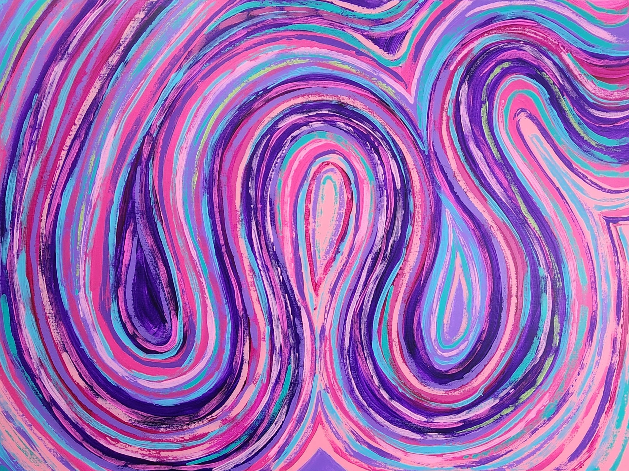  Close-up of Marley original abstract painting showing purple, pink, turquoise and blue