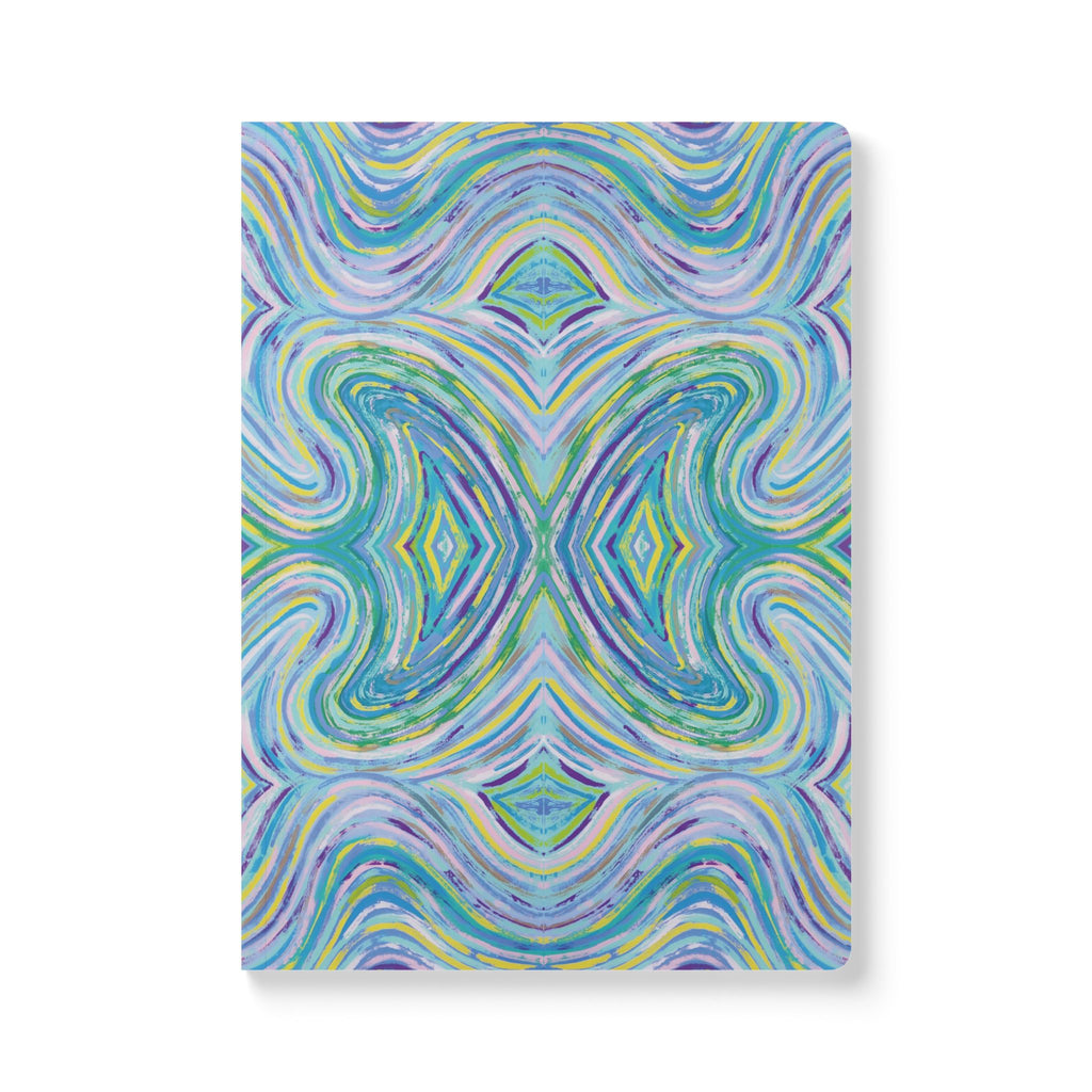  Front cover of The Meadow Journal, a self care journal featuring original chakra art in pastel blue, green, yellow and purple