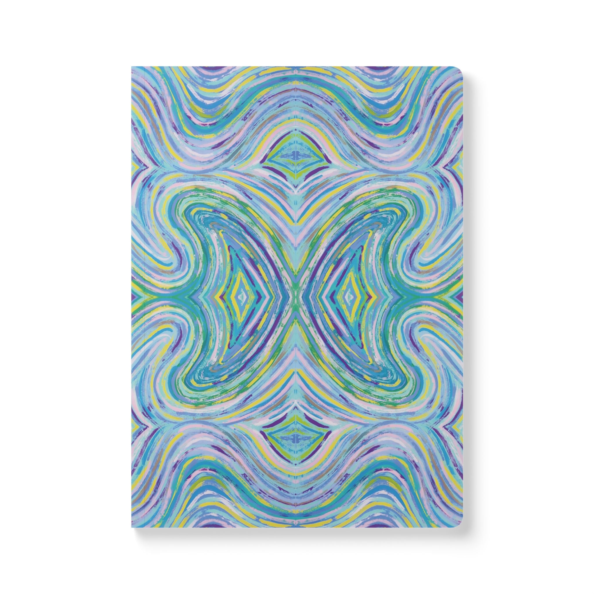  Front cover of The Meadow Journal, a self care journal featuring original chakra art in pastel blue, green, yellow and purple