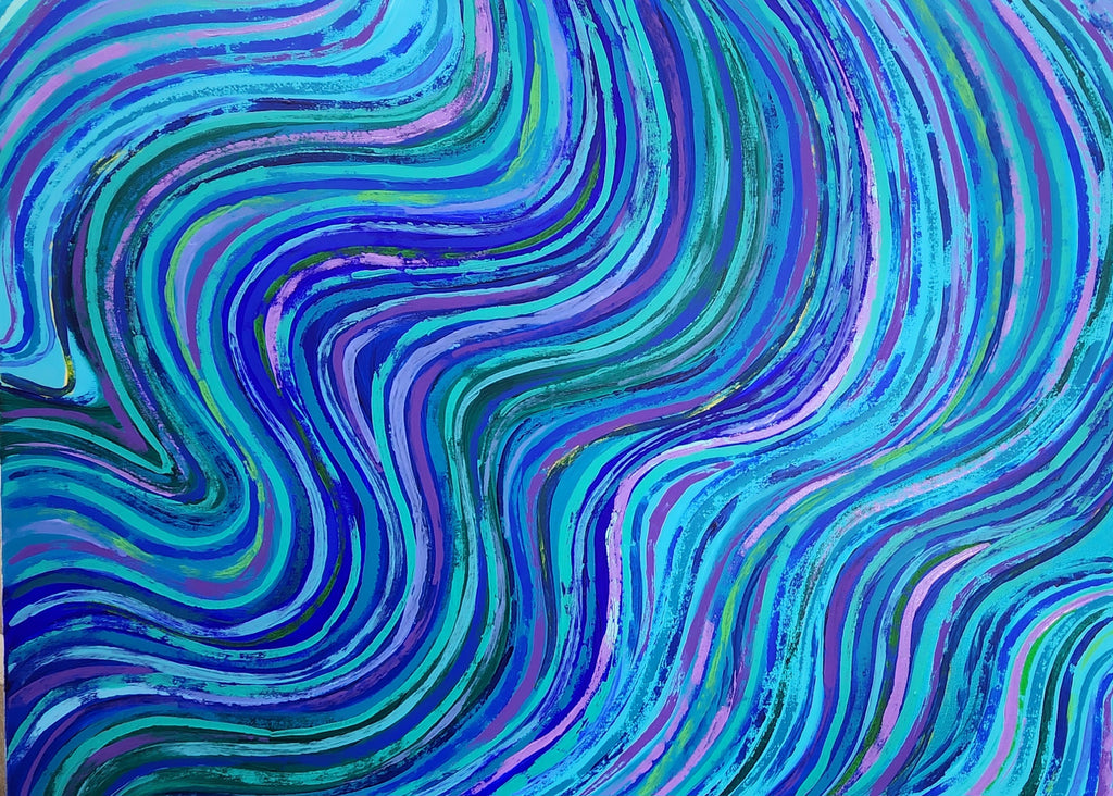  Close-up of Noah original abstract painting showing blue, turquoise and purple